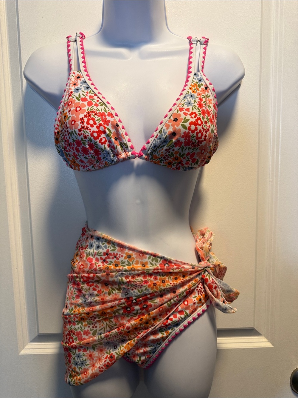Floral Triangle Bikini Set with Pink Trim and Matching Sarong
